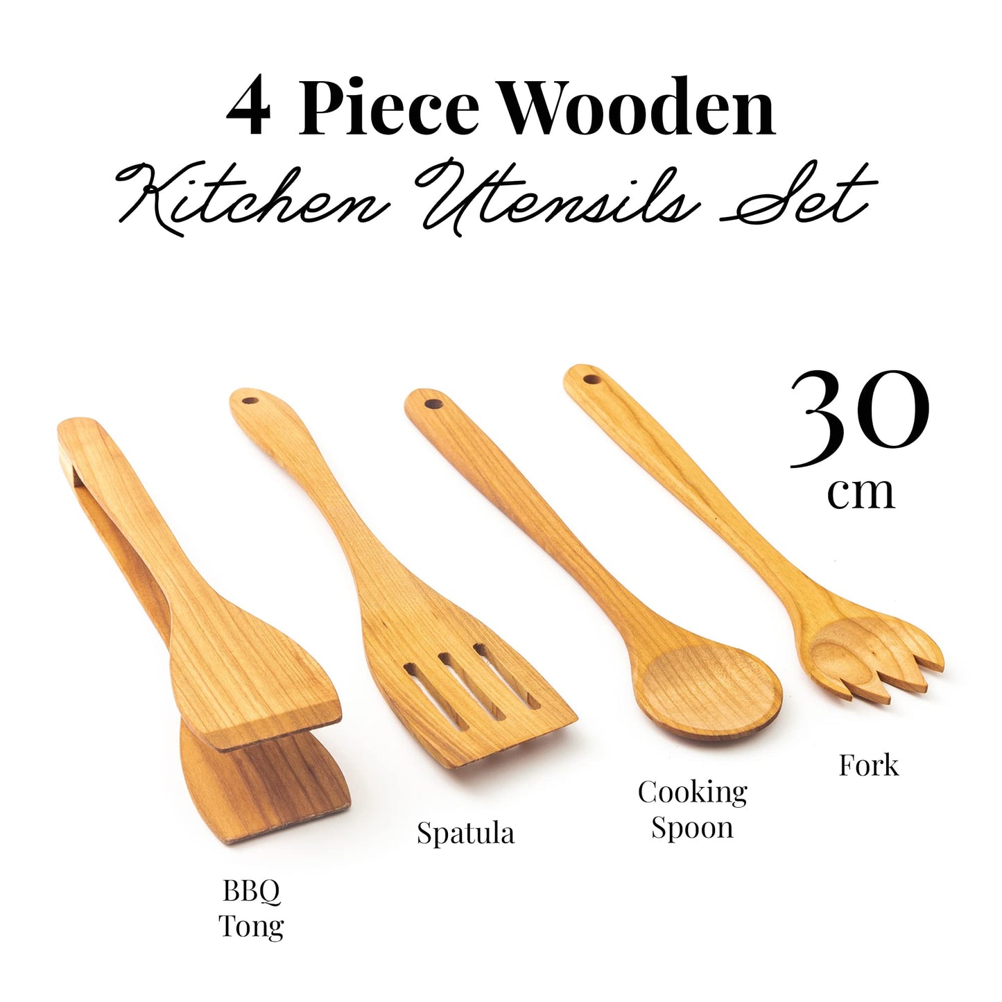 Tuuli Kitchen 4-TLG Kochlöffel Set Holz Kirsche (Kochlöffel, Gabel, Pfannenwender, Grillzange)