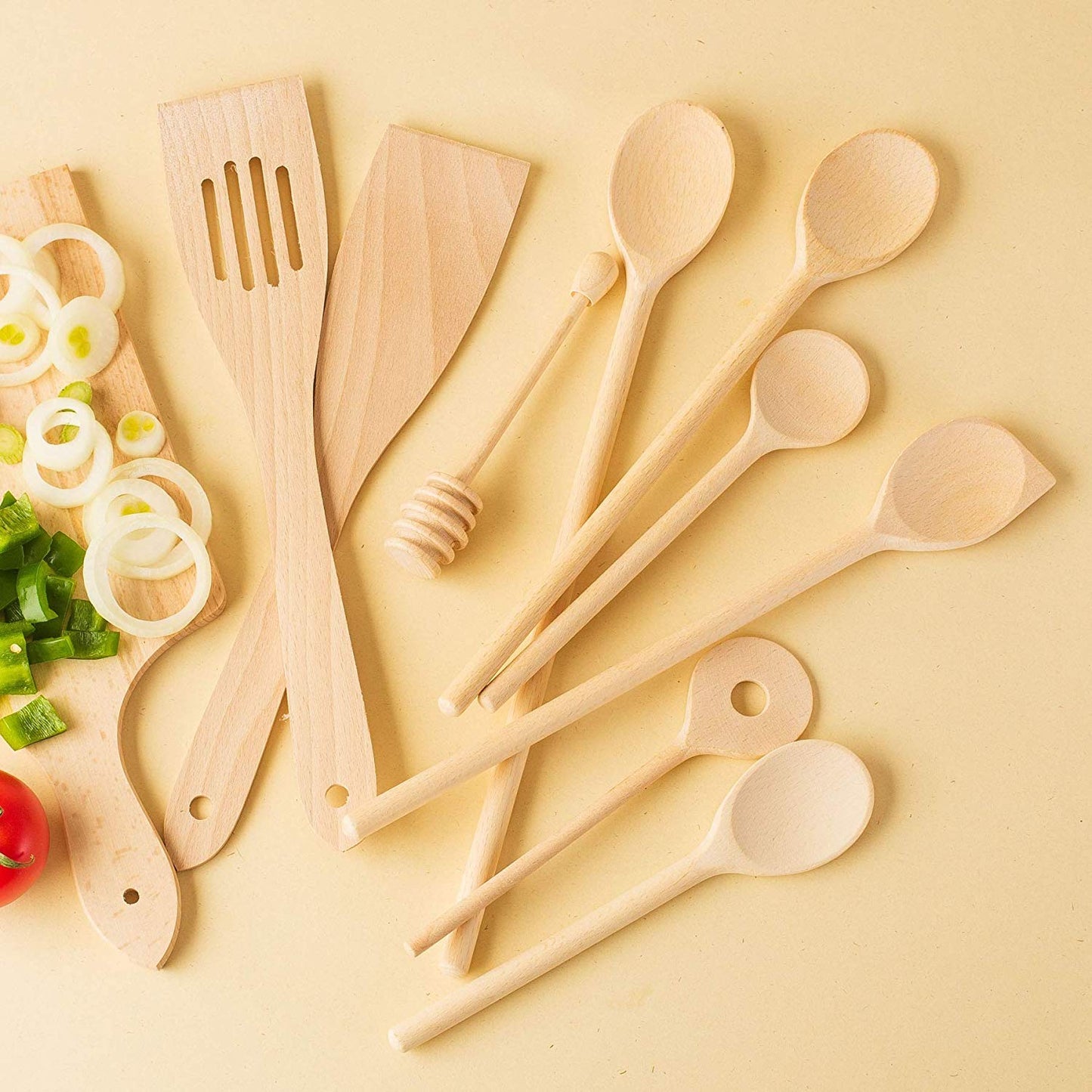 tuuli Küchenhelfer Set Holz Buche Küchen Zubehör (6x Kochlöffel, 2x Pfannenwender, Honiglöffel)