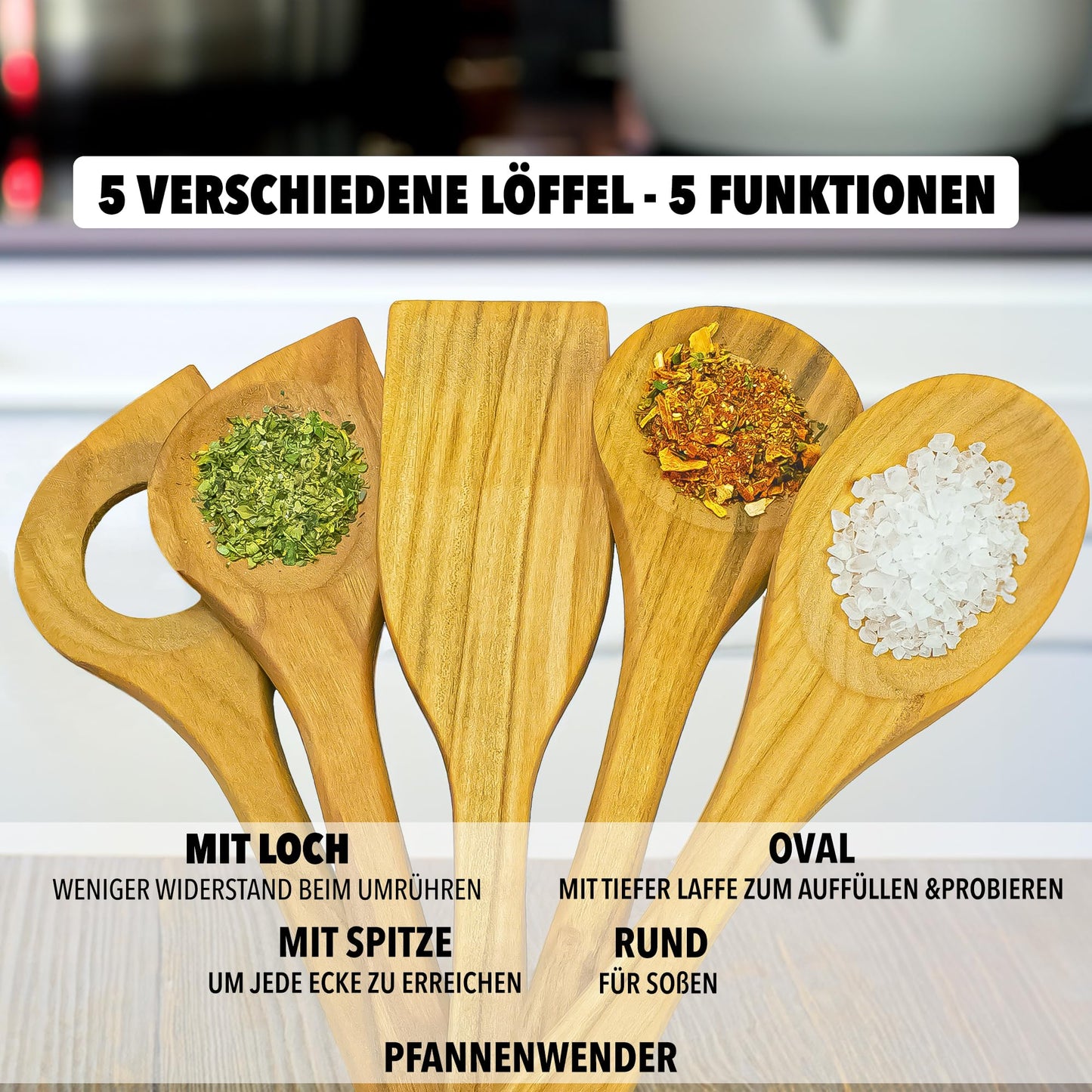 SOHFA 5 teilig Küchenutensilien aus Kirschholz | made in europe nachhaltige Kochutensilien | Küchenhelfer aus Holz: verschiedene Holzkochlöffel im Set (Pfannenwender + 4 Kochlöffel, 5, Stück)